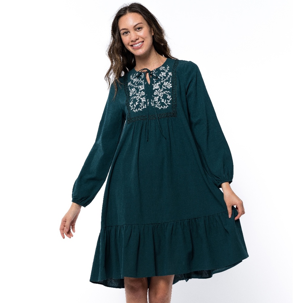 Embroidered Bodice Long Sleeve Shift Dress